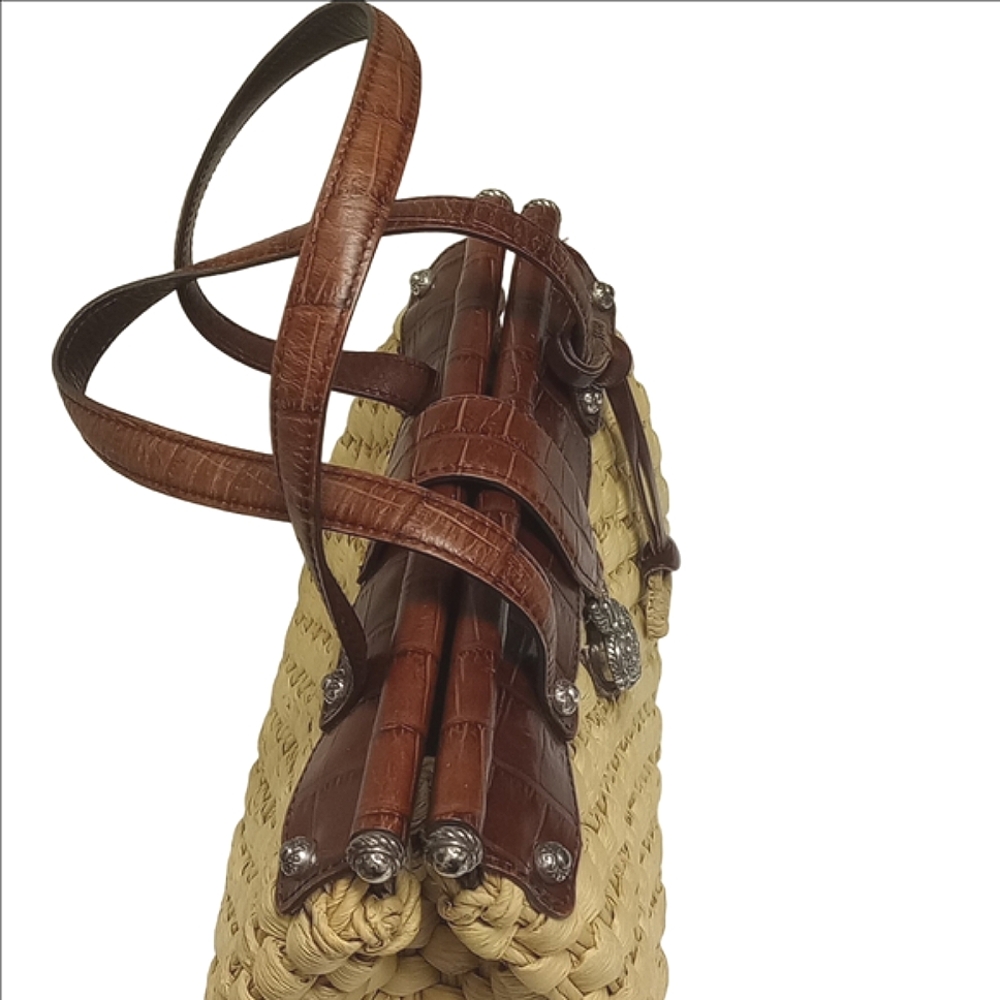 BRIGHTON "EVA DELIGHT" WICKER STRAW SUMMER HANDBAG WITH BROWN LEATHER ACCENTS - Picture 5 of 16